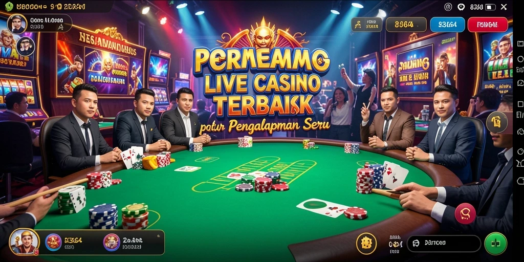 Screenshot gameplay Live Casino menunjukkan dealer langsung dan interaksi pemain.
