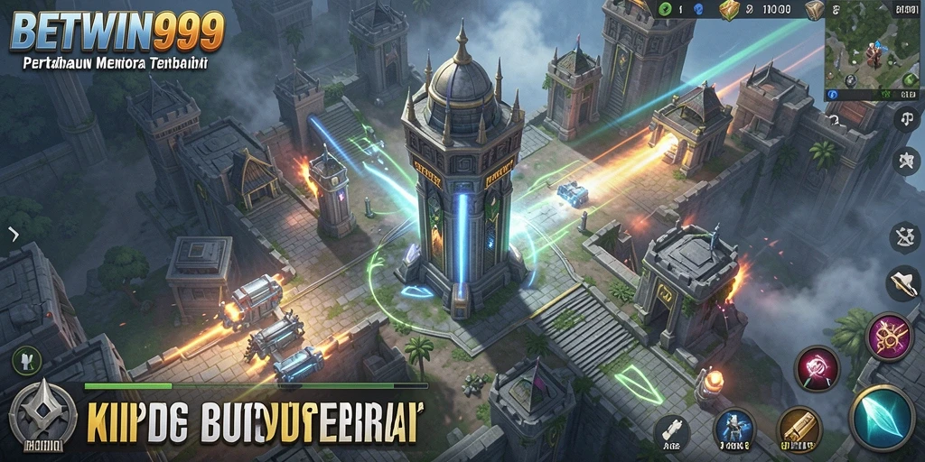 Tampilan seru gameplay BETWIN999 yang menampilkan pertahanan menara strategis.