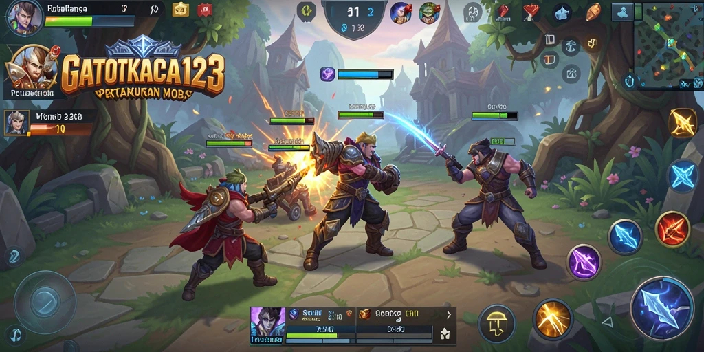 Tangkapan layar GATOTKACA123 menunjukkan aksi pertarungan seru dalam arena MOBA.