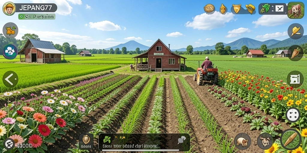 Tampilan gameplay JEPANG77 yang menampilkan ladang hijau yang subur.