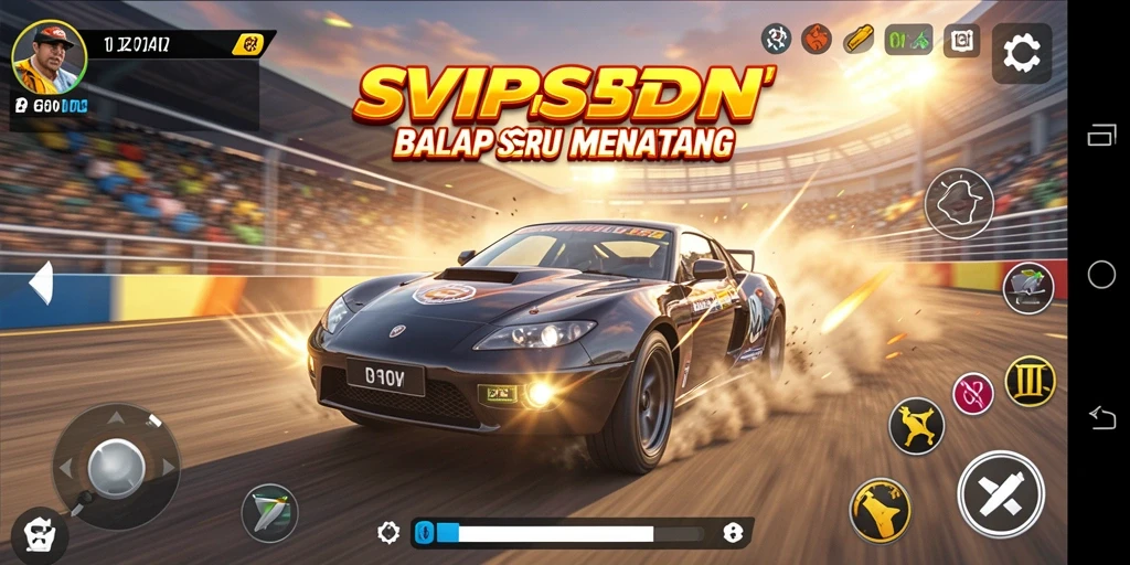 Tampilan utama gameplay seru dari SVIPSIDN dengan kendaraan balap.