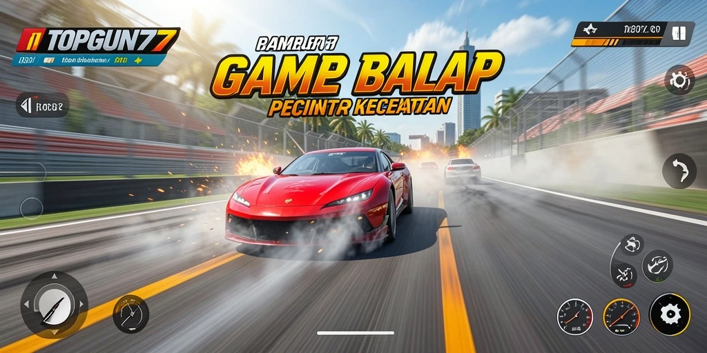 Tampilan gameplay seru dari TOPGUN77 dengan mobil balap cepat di lintasan menantang.