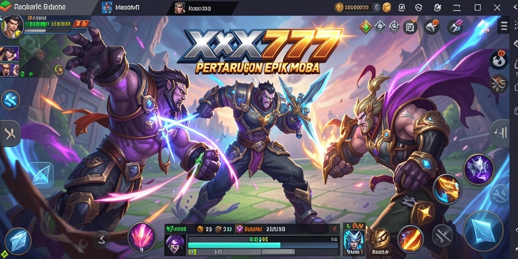 Screenshot menunjukkan aksi intens dalam pertempuran MOBA XXX777.